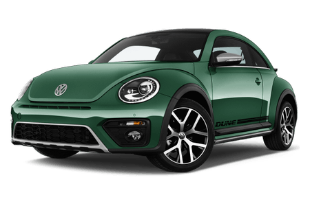 Grüner Volkswagen Beetle Dune, Seitenansicht, moderne runde Scheinwerfer, sportliche schwarze Akzente, dunkle Felgen.