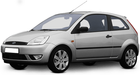 Silberner Ford Fiesta mit drei Türen, seitliche Ansicht. Das Auto steht auf einem weißen Hintergrund.