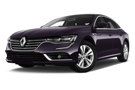 Lila Renault Limousine, seitliche Frontansicht, auf weißem Hintergrund.