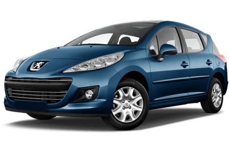 Blauer Peugeot-Kompaktwagen steht auf weißem Hintergrund. Moderne Karosserieform mit silbernen Felgen und klaren Scheinwerfern.