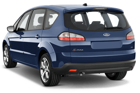 Blauer Ford S-MAX von hinten, stehend auf weißem Hintergrund. Fünf-Türer mit silbernen Felgen.