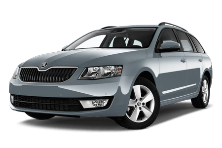 Silberner Skoda Kombi, seitliche Ansicht. Elegantes Design mit charakteristischem Kühlergrill und Leichtmetallrädern.