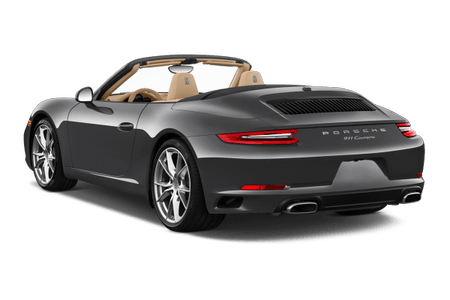 Grauer Porsche 911 Cabrio von hinten, mit geöffnetem Verdeck und beigem Innenraum, auf weißem Hintergrund.