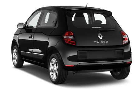 Schwarzer Renault Twingo von hinten, geparkt, mit Sicht auf das Heckdesign und der Marke "Renault" auf der Rückseite.