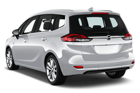 Silberner Minivan, Rückansicht. Klare Rücklichter, schwarze Fensterumrandung, glänzende Felgen, glatte Karosserie. Keine Personen sichtbar.