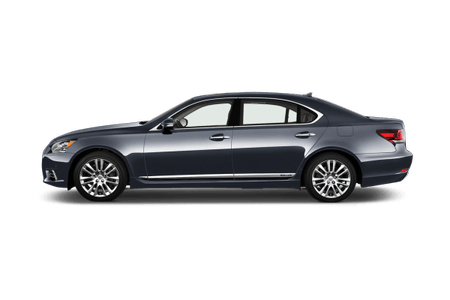 Dunkelblauer Limousinen-Seitenansicht auf weißem Hintergrund. Luxuriöses Design mit polierten Alufelgen und stilvoller Karosserie.