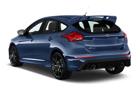 Blauer sportlicher Kleinwagen, Heckansicht. Fünf Türen, Heckspoiler und markante Rücklichter.