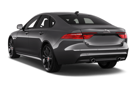 Graues, modernes Auto von hinten auf weißem Hintergrund, mit Doppelauspuff und eleganten schwarzen Felgen.