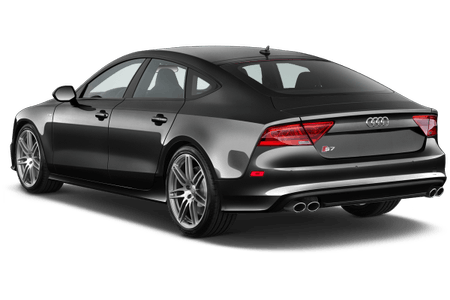 Schwarzer Audi RS7 in Seitenansicht, geparkt. Sportliches Design mit markanten Rücklichtern und Doppelauspuffanlage.