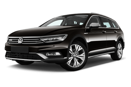 Schwarzer Volkswagen Passat Alltrack, Kombi-Modell, Vorderansicht, auf weißem Hintergrund.
