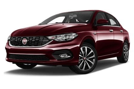 Roter Fiat Tipo Limousine, schräg von vorne fotografiert, mit glänzender Lackierung und sportlichen Felgen.