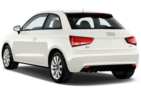 Weißer Audi A1 von hinten, parkend, mit klaren Rückleuchten und stilvollem Design auf weißem Hintergrund.