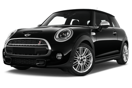 Schwarzer Mini Cooper mit glänzender Lackierung und silbernen Felgen, fotografiert vor einem weißen Hintergrund.