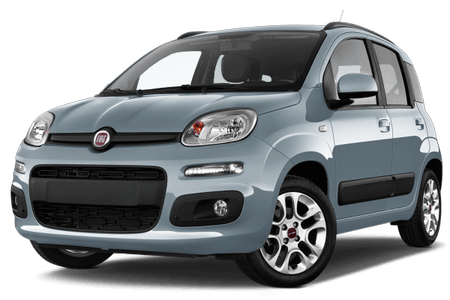 Ein silberner Fiat Panda, kompakter Fünftürer mit abgerundeten Ecken und charakteristischem Fiat-Logo auf dem Kühlergrill.