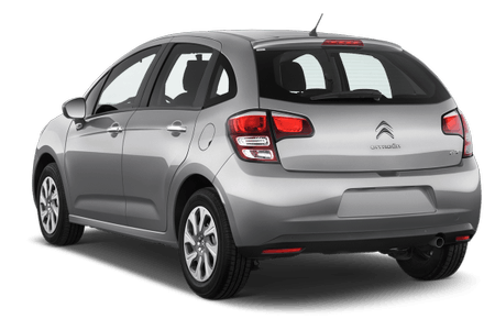Silberner Citroën C3 Hatchback von hinten, stehend auf weißem Hintergrund. Automodell mit Rückleuchten und Dachantenne.