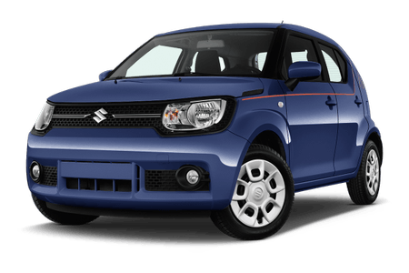 Blauer Suzuki Ignis Kleinwagen, Ansicht von schräg vorne, mit weißen Felgen und markantem Design auf weißem Hintergrund.