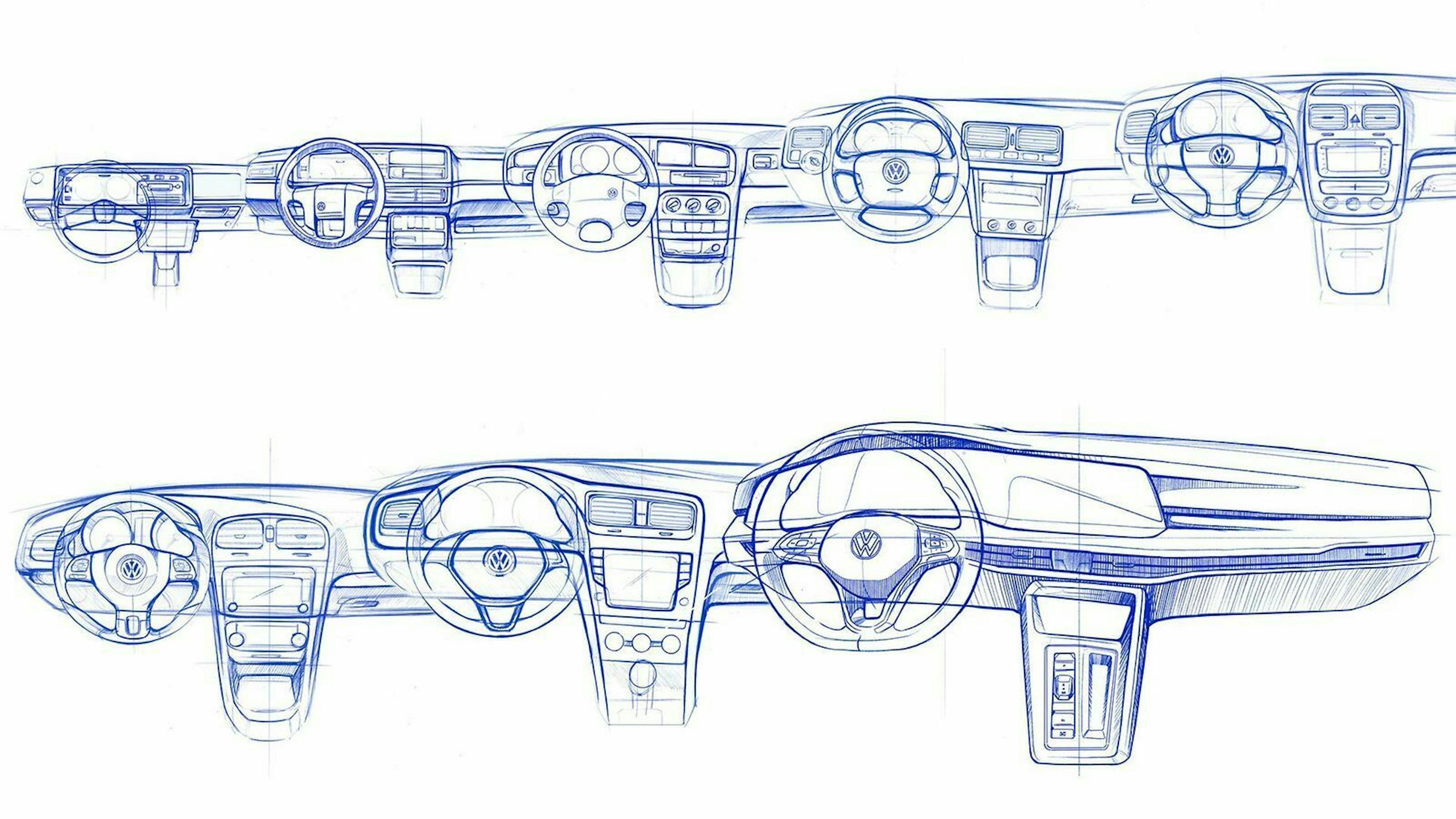 Das Golf-Cockpit im Wandel: vom spartanischen Armaturenbrett im VW Golf 1 zum großen Display im VW Golf 8