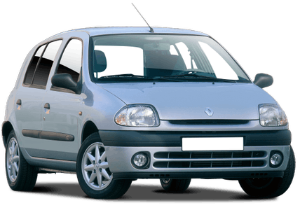 Silberner, viertüriger Kleinwagen mit schwarzen Stoßfängern, abgebildet auf weißem Hintergrund.