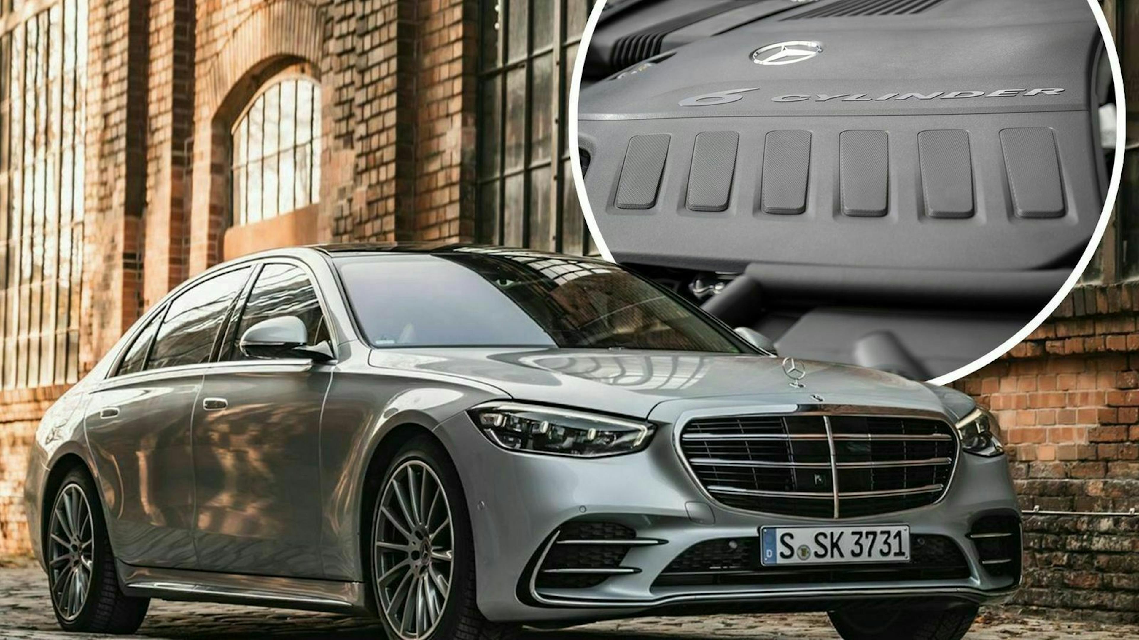 Mercedes S-Klasse in Frontansicht mit Motor