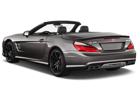 Silbernes Cabriolet-Auto, Seitenansicht von hinten, mit offenem Verdeck, sportliches Design und schwarzen Felgen.