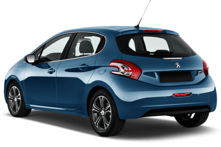 Blauer Peugeot Kleinwagen, Rückansicht, mit modernen Rücklichtern auf weißem Hintergrund.