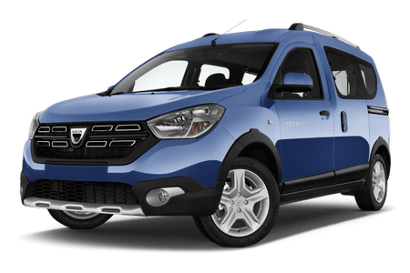 Blauer und schwarzer Minivan, Dacia Dokker Stepway, seitliche Frontansicht, geparkt auf weißem Hintergrund.