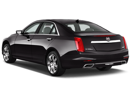 Schwarzer viertüriger Limousine von hinten, rot-weiße Rücklichter, glänzend polierte Karosserie, auf transparentem Hintergrund.