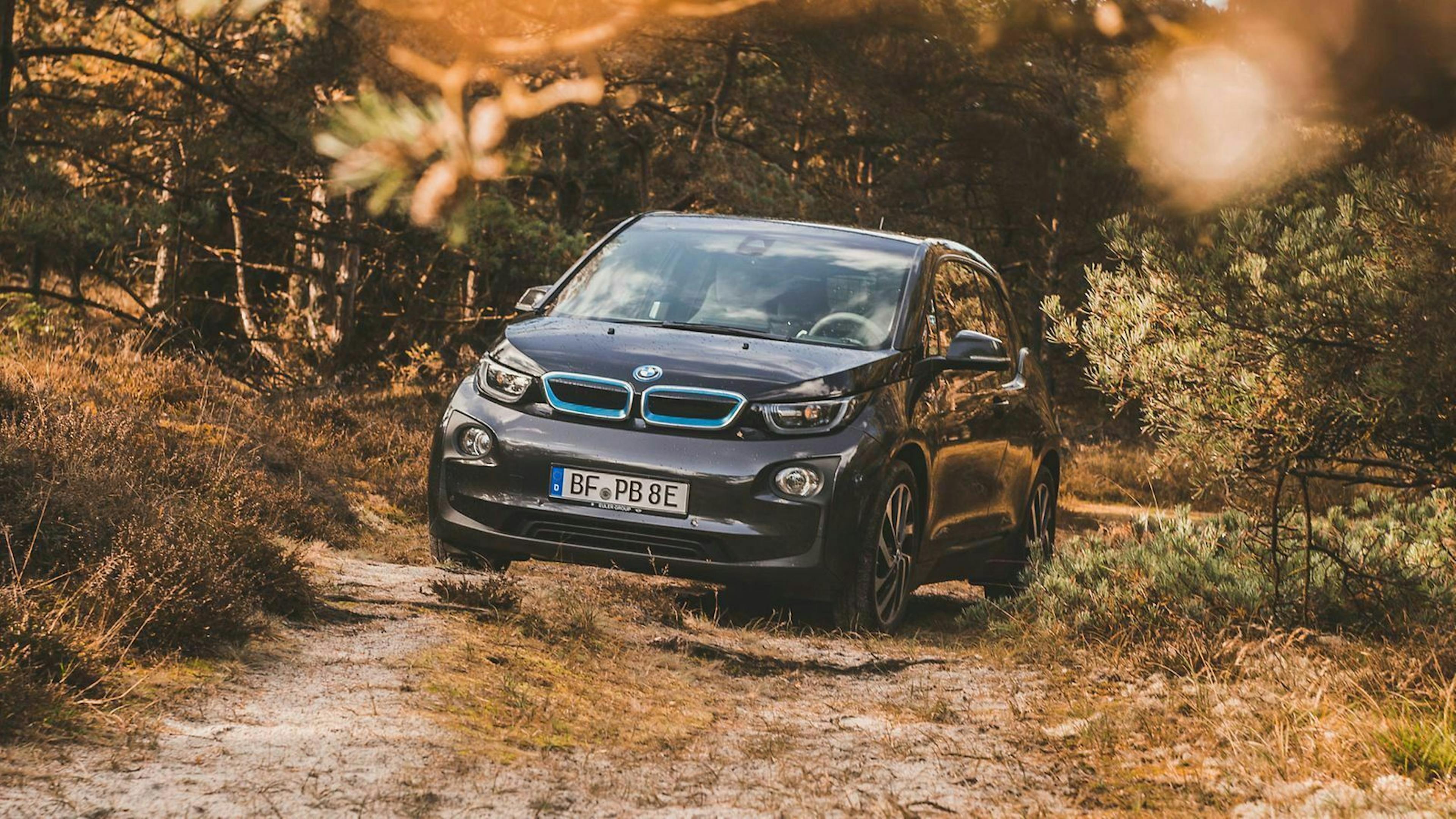 Ein BMW i3 parkt bei Sonnenschein auf einer Lichtung im Wald.