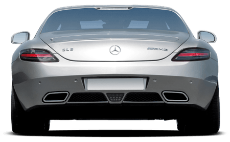 Silberner Mercedes-Benz SLS AMG von hinten, mit AMG-Logo und markanten Rückleuchten. Elegantes Sportwagen-Design.