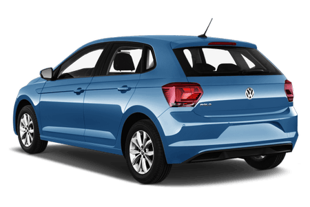 Blauer Volkswagen Polo, fünftürig, von hinten und seitlich gesehen. Er steht auf einem neutralen weißen Hintergrund.