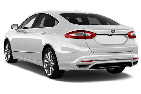 Weiße Limousine, Seitenansicht von hinten, auf transparentem Hintergrund. Elegantes Design mit glatten Linien und klaren Rückleuchten.