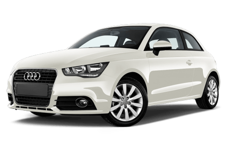 Weißer Audi A1, Dreitürer, schräg von vorne fotografiert, auf weißem Hintergrund.