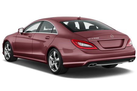 Roter Mercedes-Benz CLS 550, Heckansicht, auf transparentem Hintergrund. Elegantes, modernes Design mit sportlichen Linien.