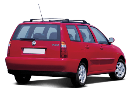 Roter Volkswagen Polo Kombi, Heckansicht, parkend auf transparentem Hintergrund.