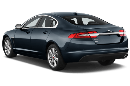 Dunkelblauer Pkw von hinten seitlich, mit glänzenden Felgen und elegantem Design. Rücklichter und Emblem sichtbar.