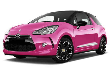 Pinkes Auto mit schwarzem Dach und glänzenden Felgen, fotografiert frontal seitlich von links.