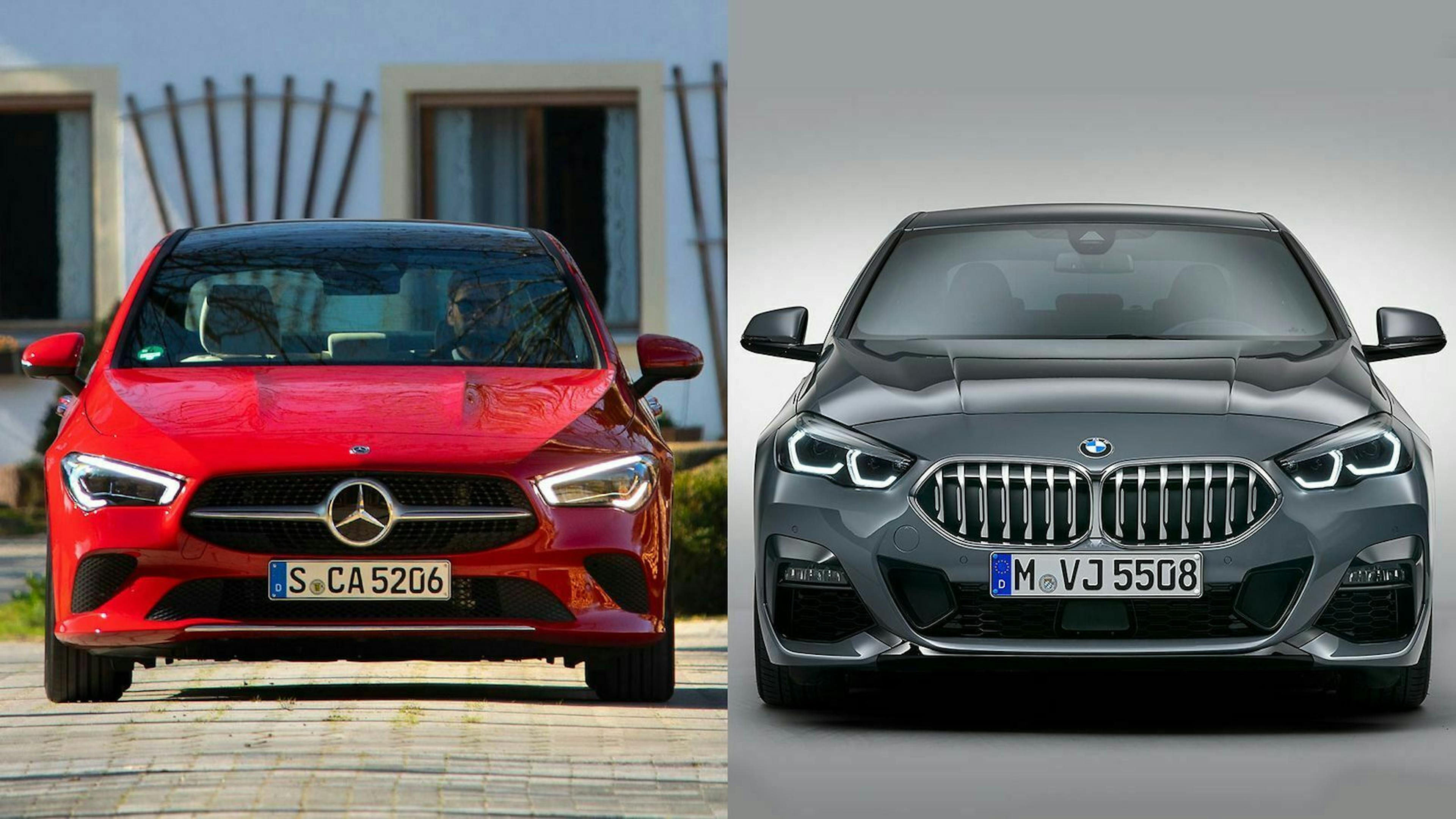 Das BMW 2er Gran Coupé F44 leuchtet serienmäßig mit LED-Scheinwerfern, der Mercedes CLA nur mit Halogen