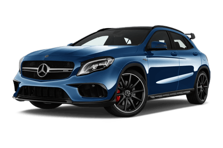 Blauer Mercedes-Benz SUV, seitliche Frontansicht mit schwarzen Felgen und roter Bremse, auf weißem Hintergrund.