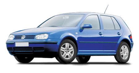 Blauer Volkswagen Golf, viertürig, von der Seite fotografiert, auf weißem Hintergrund.