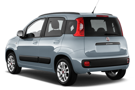 Silberner Fiat Panda Kleinwagen, Seiten- und Rückansicht, geparkt auf weißem Hintergrund.