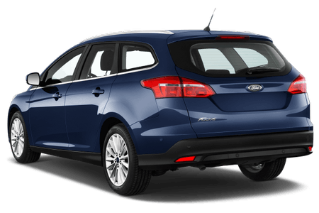 Blauer Kombi von hinten, mit Ford-Logo, weißen Felgen und dunkel getönten Fenstern.