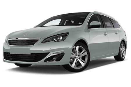 Silberner Peugeot Kombi, schräg von vorne fotografiert, auf transparentem Hintergrund. Sportliches Design mit modernen Scheinwerfern.