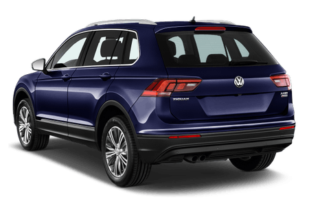 Dunkelblauer Volkswagen Tiguan SUV von hinten, stehend auf weißem Hintergrund, mit sichtbarem VW-Logo und Heckklappe.