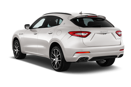 Weißer SUV mit sportlichem Design von hinten, zwei Auspuffrohren und markanten Rückleuchten, auf weißem Hintergrund.