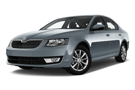Silberner Skoda Octavia Limousine, seitliche Frontansicht. Modernes Design mit markantem Kühlergrill und klaren Linien.