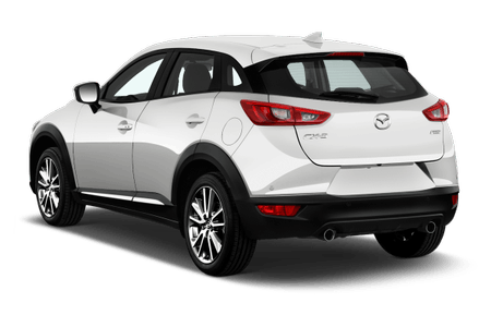 Weißer Mazda CX-3 SUV, Ansicht von hinten links, auf transparentem Hintergrund.