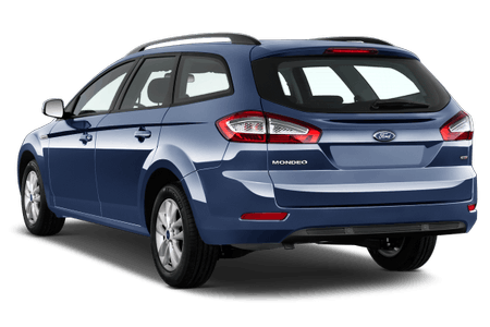 Blauer Kombiwagen, Rückansicht, mit roten Rücklichtern und silbernen Felgen, vor weißem Hintergrund.