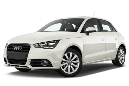 Weißer Audi A1, kompakter Fünftürer, seitlich fotografiert, vor weißem Hintergrund.