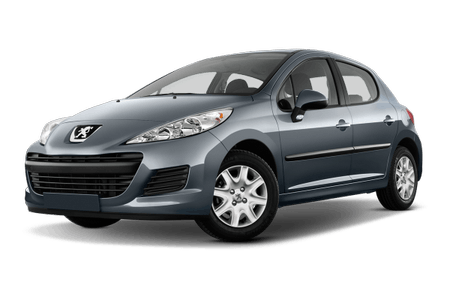 Grauer Peugeot 207 in Seitenansicht auf weißem Hintergrund. Hatchback-Modell mit markantem Kühlergrill und silbernen Felgen.