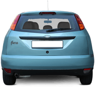 Blauer Ford Focus von hinten, mit sichtbarem Kofferraum und Rückleuchten.